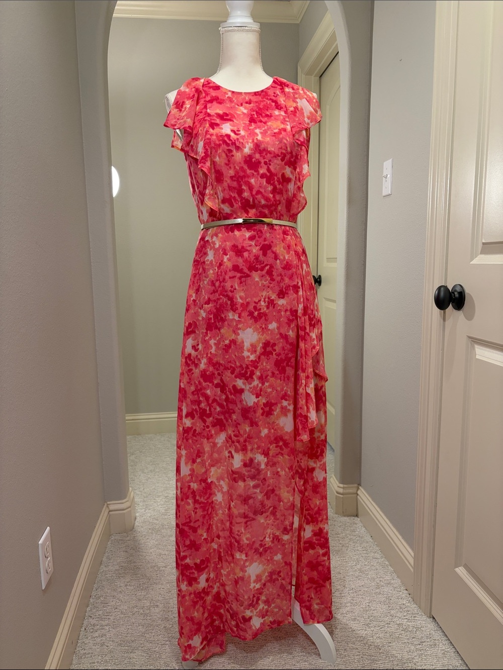 Calvin Klein Sheer Sleeveless Belted Floral Pink Maxi Dress 6